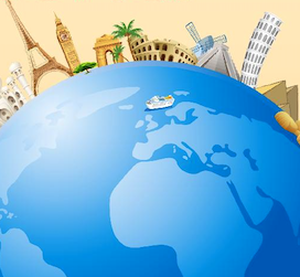  Graphic of the globe and notable landmarks.